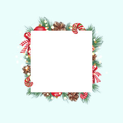 Christmas composition, decor with striped lollipop, fir branch, bumps, red bows, illustration for design, print or background . Place for text.