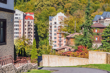 Hotels and rich houses on the streets of Krasnaya Polyana. Adler district. Russia.