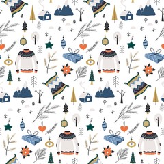Christmas seamless pattern in scandinavian style. Folk collection. Christmas texture with floral elements.