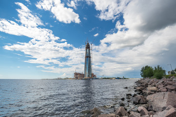 Fototapeta premium Panoramic view of Lakhta Center and the Finnish Gulf