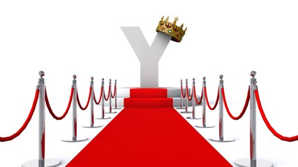  3D illustration of letter Y wearing a crown on red carpet