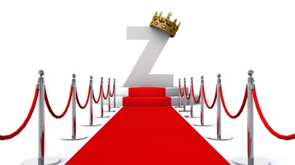  3D illustration of letter Z wearing a crown on red carpet