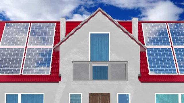 House with solar panels installed on a roof - 3D 4k animation