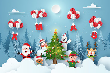 Origami Paper art of Santa Claus and cute cartoon character in Christmas party with XMAS balloon, Merry Christmas and Happy New Year