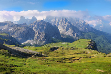 Fototapeta na wymiar Great view of the top Cadini di Misurina range in National Park Tre Cime di Lavaredo. Dolomites, Italy