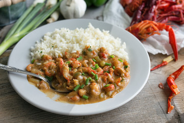 Crawfish etouffee with rice. Close up view. 