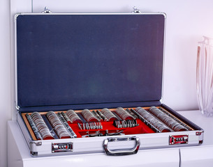 Opthalmology test box. The universal-messbrille tool of the optometrists and oculists. Set of...