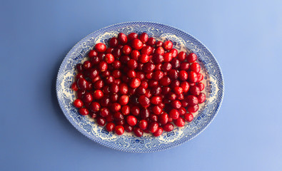 Blue transferware platter filled with raw, organic cranberries on a blue background. Centered top view with copy space. 