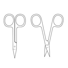 Illustrations of silhouette of opening and closing nail scissors. Thin line vector.