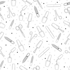 Seamless manicure set pattern. Nail file, buff, nail polish with a brush, open and closed scissors. Isolated. Design for banner, flyer, poster or print, websites, web design, mobile app.