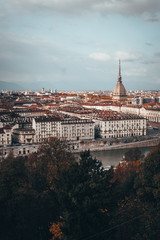 Fototapeta na wymiar Paisaje de Turin en Italia de la ciudad con el río y edificios