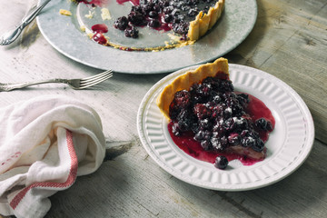 A slice of berry tart on a white plate. 