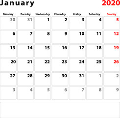 Calendar planner sheet for the month of January 2020, Week starts on monday.
