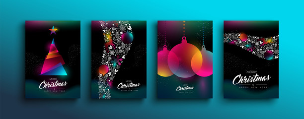 Fototapeta Christmas New Year color holographic neon card set obraz