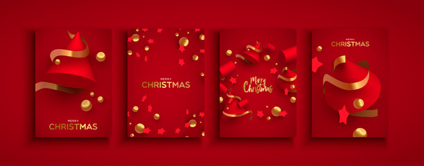 Christmas New Year abstract 3d red gold tree set