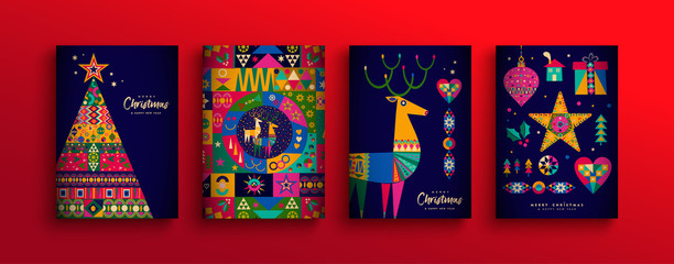Fototapeta Christmas New Year colorful nordic folk card set obraz