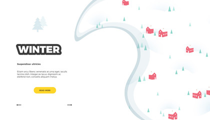 Winter Sale website template. Retro style vector background, cute template with pine trees, snow and village houses, nordic rorbu for poster or web page design