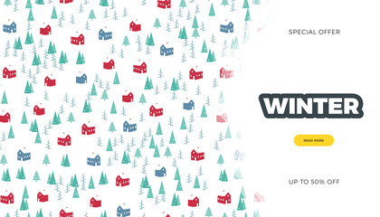 Winter Sale website template. Retro style vector background, cute template with pine trees, snow and village houses, nordic rorbu for poster or web page design