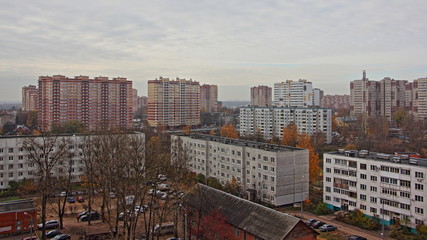 Wide top view of old and new buildings in Ivanteevka area, Moscow region, Russia. 