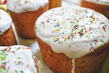 Easter cakes on the table. Celebration of the Nativity of Christ.