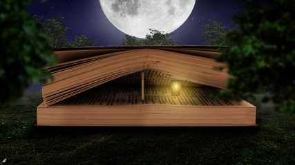 Huge book with bright shining lantern at night