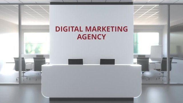 Modern office with meeting room and reception desk af a digital marketing agency, conceptual 3D animation