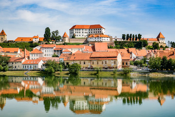 Ptuj town in Slovenia - beautiful view over the old town and castle in the sunny day