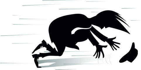 Windy day and man isolated illustration. Man tries to catch a hat gone with the wind silhouette black on white