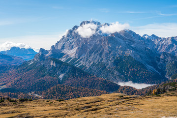 Beautiful mountain landscape surrounding the famous Tre Cime di Lavaredo peaks. Veneto, Italy.