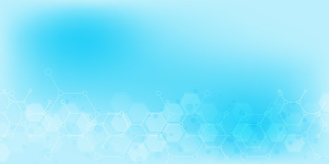 Abstract molecules on soft blue background. Molecular structures or chemical engineering, genetic research, technological innovation. Scientific, technical or medical concept.
