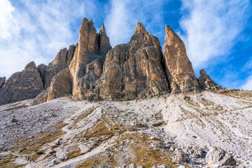 Scenic sight of the famous peaks Tre Cime di Lavaredo. Veneto, Italy.