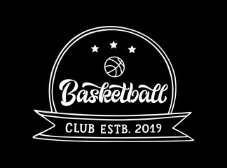 Basketball club hand written lettering logo, emblem with ball and stars.