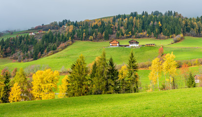 Autumnal panorama at Santa Magdalena village in the famous Val di Funes. Trentino Alto Adige, Italy.