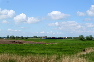 Fototapeta na wymiar green field and blue sky - traditional dutch landscape with cargo ship in the canal on the background, Netherlands