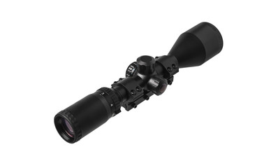 modern black optical scope for weapon isolated on whited. sight scope isolated on white back.