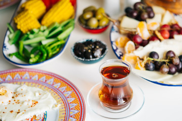 Turkish Breakfast, egg, tomatoes, Cucumber, olive, bread and cheese plate