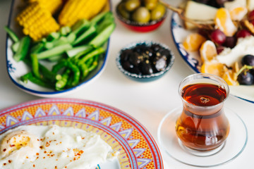 Turkish Breakfast, egg, tomatoes, Cucumber, olive, bread and cheese plate