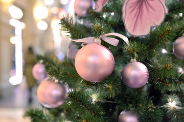 Pink Christmas balls on Christmas tree