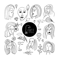 Doodle set with women faces. International Women's Day. Feminism concept design. Vector illustration for card, poster, modern design..