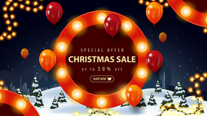 Special offer, Christmas sale, up to 50% off, discount banner with night winter cartoon landscape and round sign with bulbs and ballons