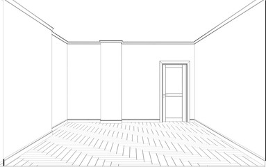 empty room, contour visualization, 3D illustration, sketch, outline