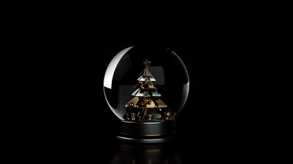 Glass Snow Globe With Christmas Tree Inside. Black And Golden New Year And Christmas Holiday Gift, Souvenir - 3D Illustration