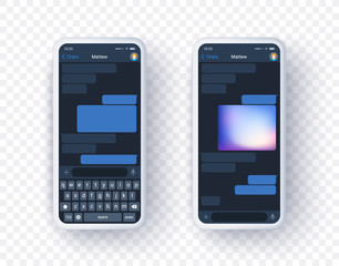 Mobile messanger application mock up on two screen with keyboard. Smart phone concept of chat app in realistic 3d style. Place your text and picture in vector realistic template.