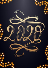 2020, happy new year, beautiful handwritten gold numbers with vintage swirls on dark blue background