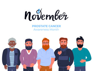 Blue November . A group of bearded men of different nationalities with a mustache . Prostate cancer awareness month. Men's health concept. Ribbon. Trend flat characters. Hand drawn lettering