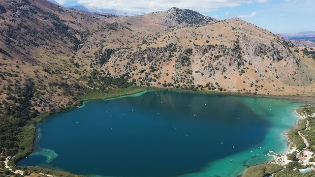 Lake Kurnas Greece Crete. Freshwater lake in Greece aerial view. Panormany aerial view of Lake Crete
