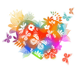 The multi-colored heart with flowers and twigs is abstract. Happy Valentine's Day. Vector