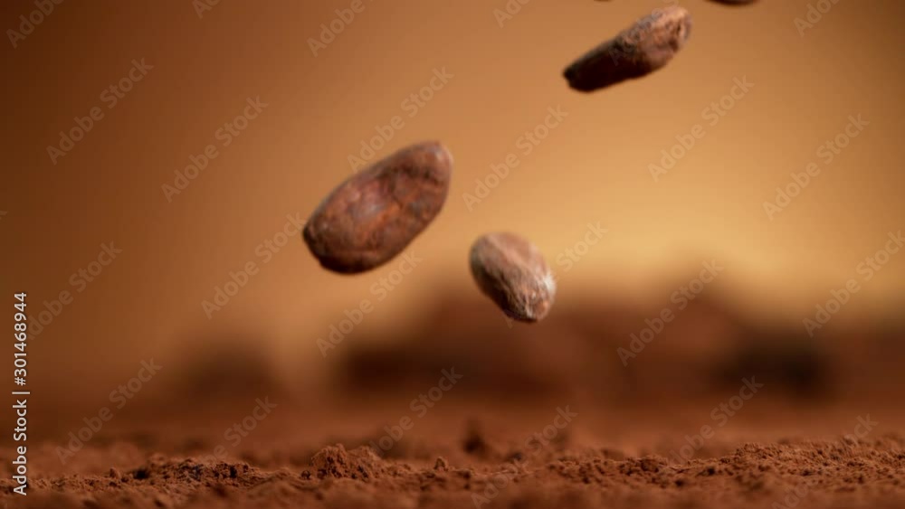 Poster super slow motion of falling group of roasted cocoa beans pieces. filmed on high speed cinema camera