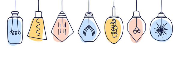 Horizontal banner with Hand drawn vector set of different colorful geometric loft lamps. Edison lamps and modern sketch. Vintage light bulbs doodle art hanging free hand line style vector