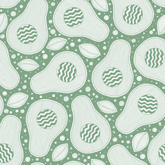 Seamless pattern from hand-drawn cartoon avocados on a green background.